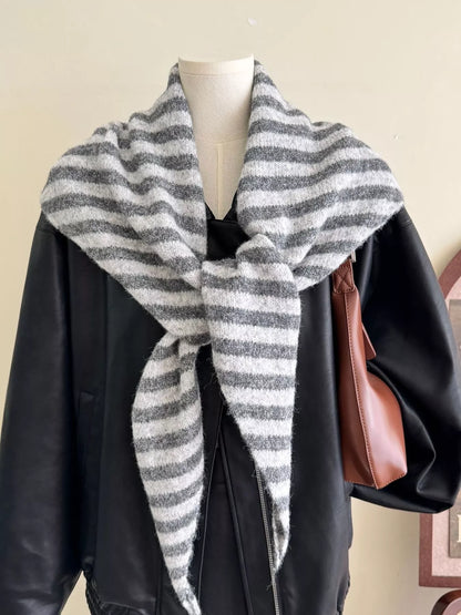 Unisex Striped Knitted Winter Scarf — 70.9-Inch — gray striped scarf tied over black outerwear