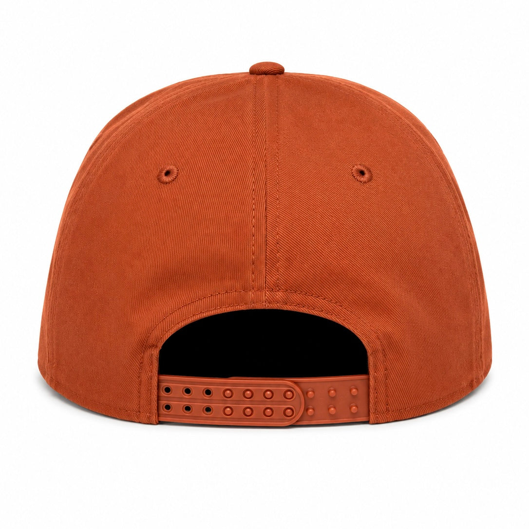Back of the orange Old School Hats Bobby cap showing the snapback closure