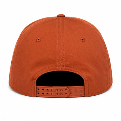 Back of the orange Old School Hats Bobby cap showing the snapback closure