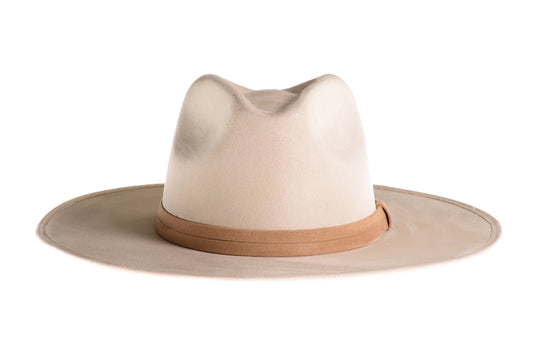 Three-quarter front view of ASN Hats Blanco cream fedora with a tan band