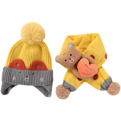 Yellow and gray animal pom pom hat with coordinating scarf