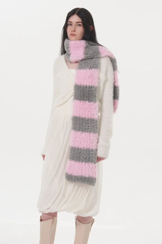 Unisex Fuzzy Contrast Striped Scarf in Pink - front view 1