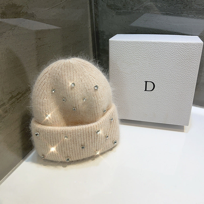 Women's Rhinestone Studded Knit Autumn-Winter Beanie — pale knit beanie with cuff and rhinestone accents