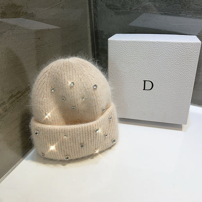 Women's Rhinestone Studded Knit Autumn-Winter Beanie — pale knit beanie with cuff and rhinestone accents