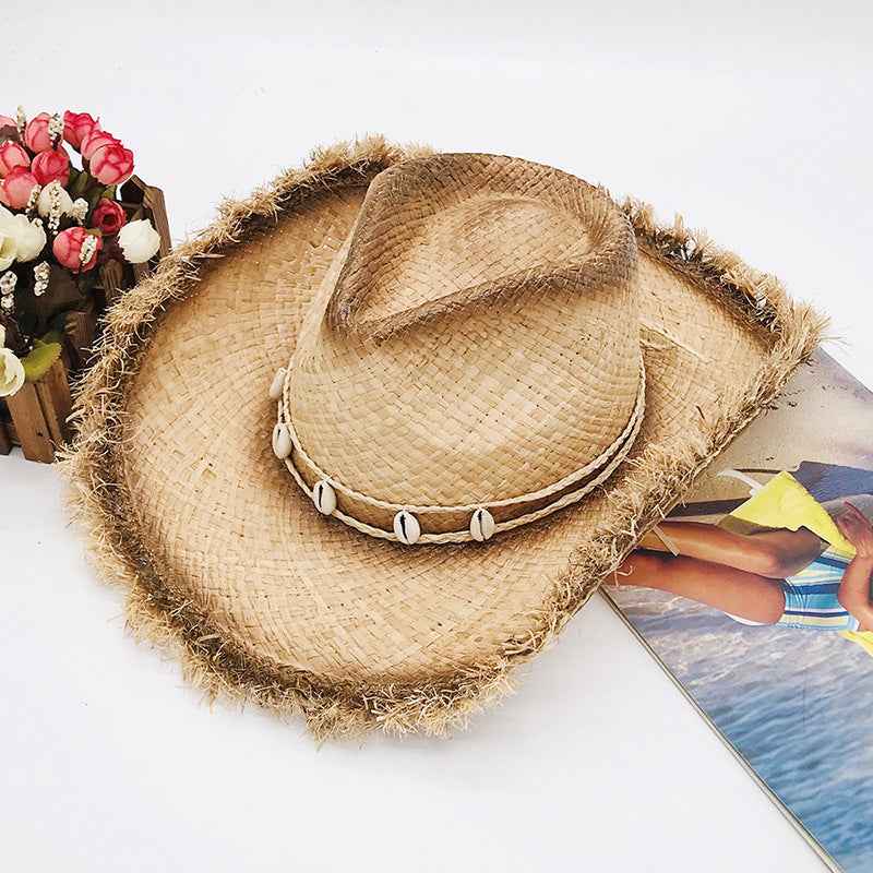 Wide-brim woven cowboy hat side profile