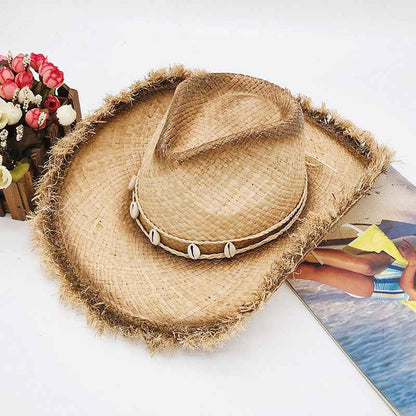 Wide-brim woven cowboy hat side profile
