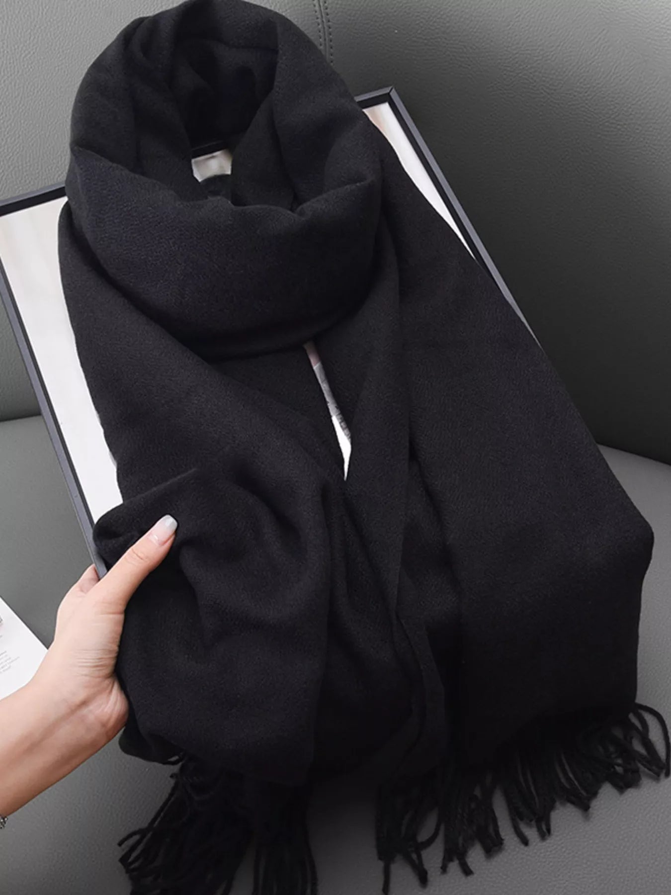 Unisex Heritage Solid Color Fringe Scarf in Coffee Brown - front view 19