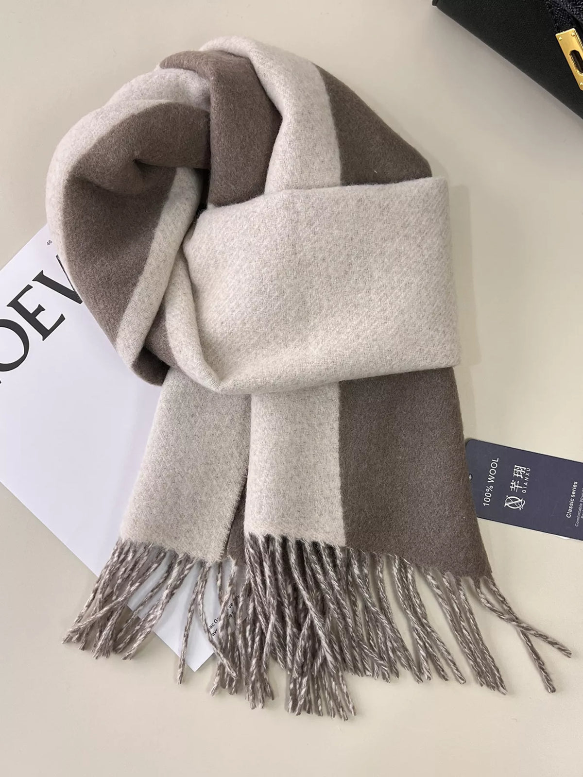 Unisex Fringe Color Block Scarf — neutral rice color scarf tied with broad pale panels