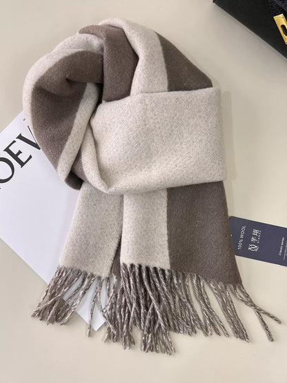 Unisex Fringe Color Block Scarf — neutral rice color scarf tied with broad pale panels