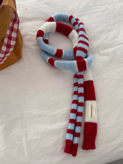 Unisex Red Stripe Skinny Scarf — slim red and pale striped scarf loosely looped