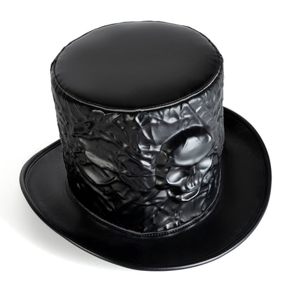 Unisex Gothic Skull PU Leather Top Hat - Black brim profile