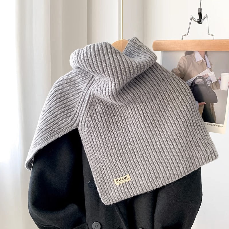 Women's Ribbed Knit Turtleneck Shoulder Wrap — gray ribbed wrap showing high collar and draped sides
