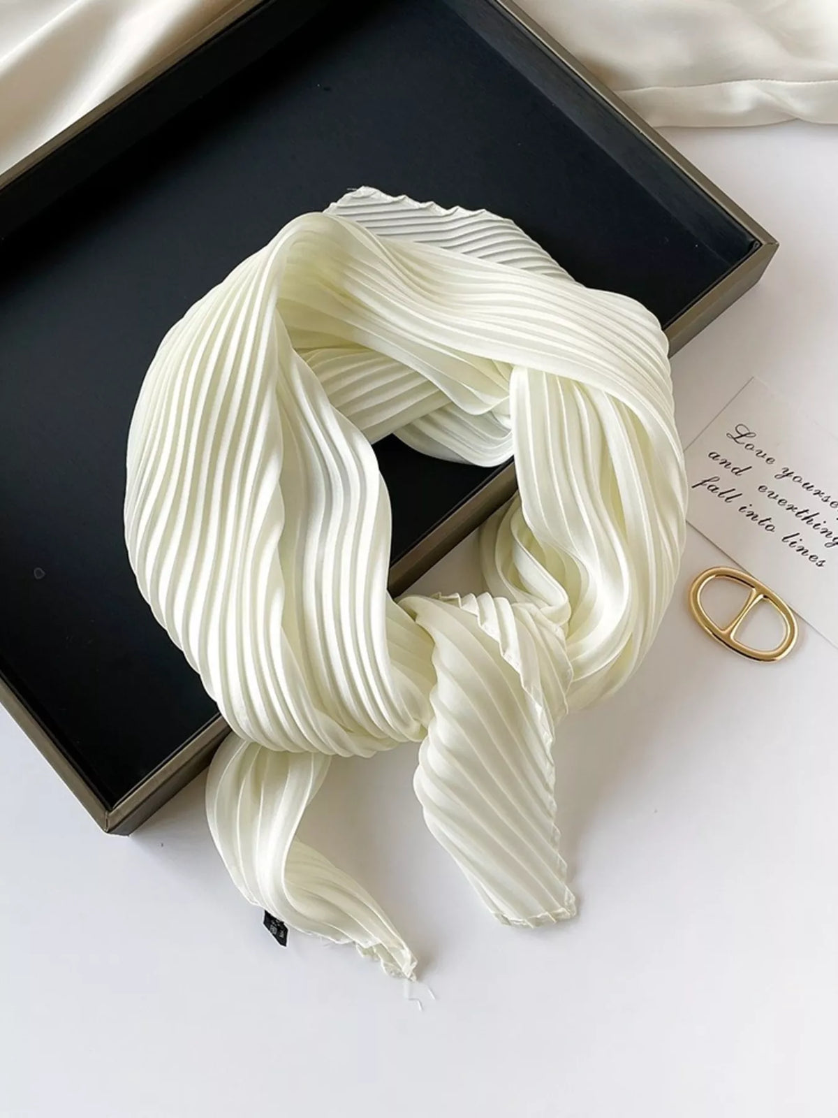 Unisex Pleated Satin Neck Scarf — milky white pleated scarf arranged in a neck loop