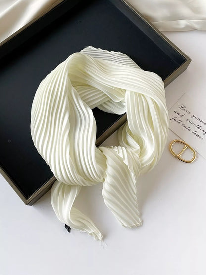 Unisex Pleated Satin Neck Scarf — milky white pleated scarf arranged in a neck loop