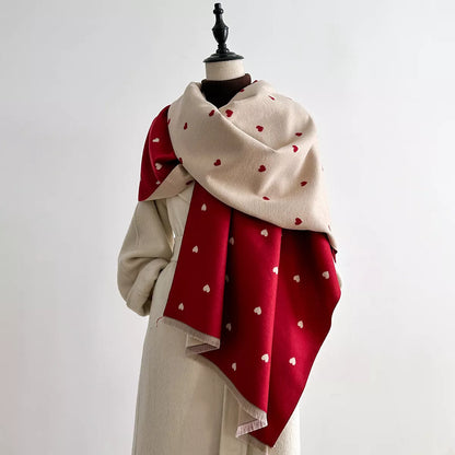 Women's Heart-Patterned Raw Hem Winter Scarf in Deep Red - front view 1