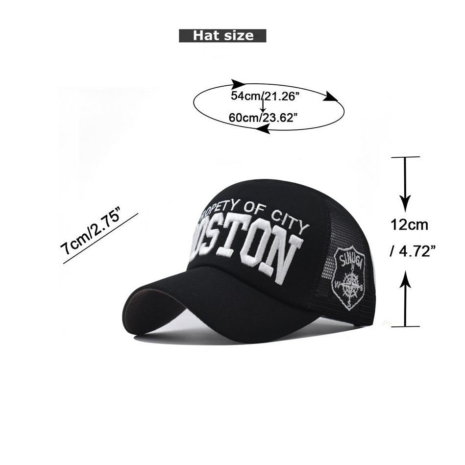 Boston cap size diagram showing 54–60 cm fit 7 cm brim and 12 cm height