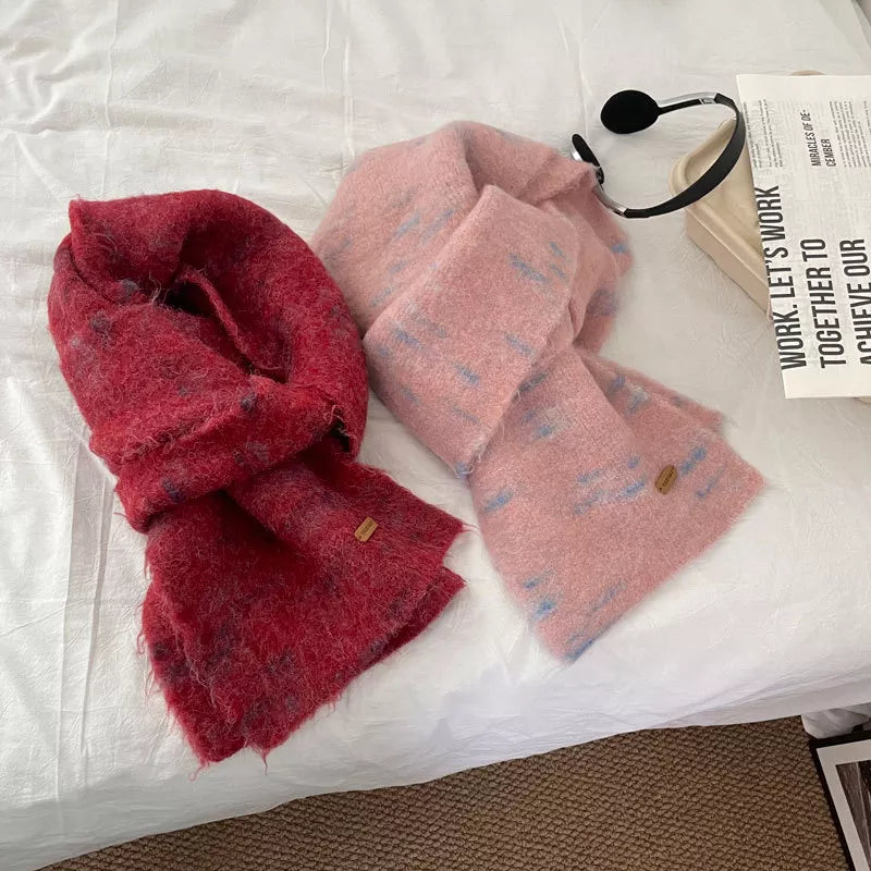 Unisex Fuzzy Contrast Knit Scarf — red and pink fuzzy scarves displayed together