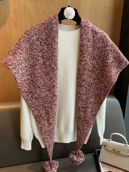 Women's Wool Pom-Pom Shawl — rear side view of the shawl showing its pointed shape
