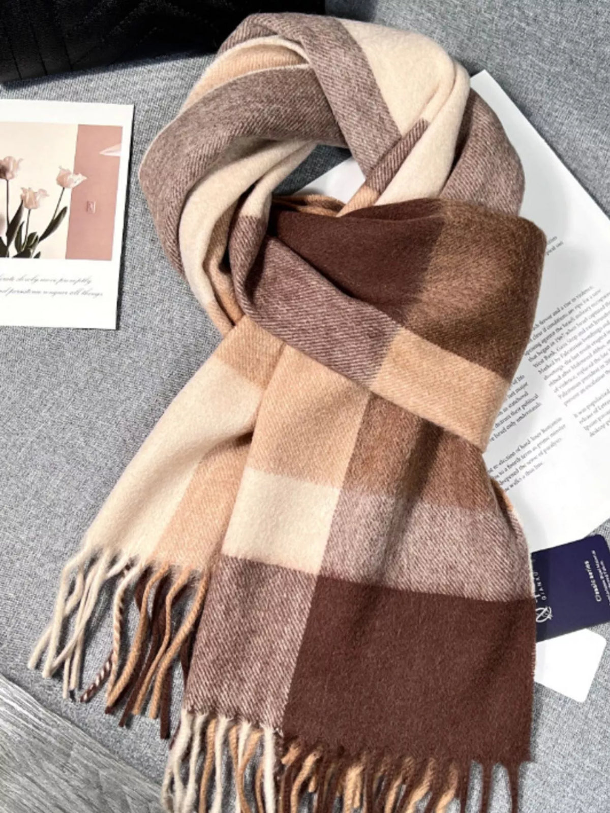 Unisex Plaid Scarf with Fringe — brown checked wool scarf with both ends visible