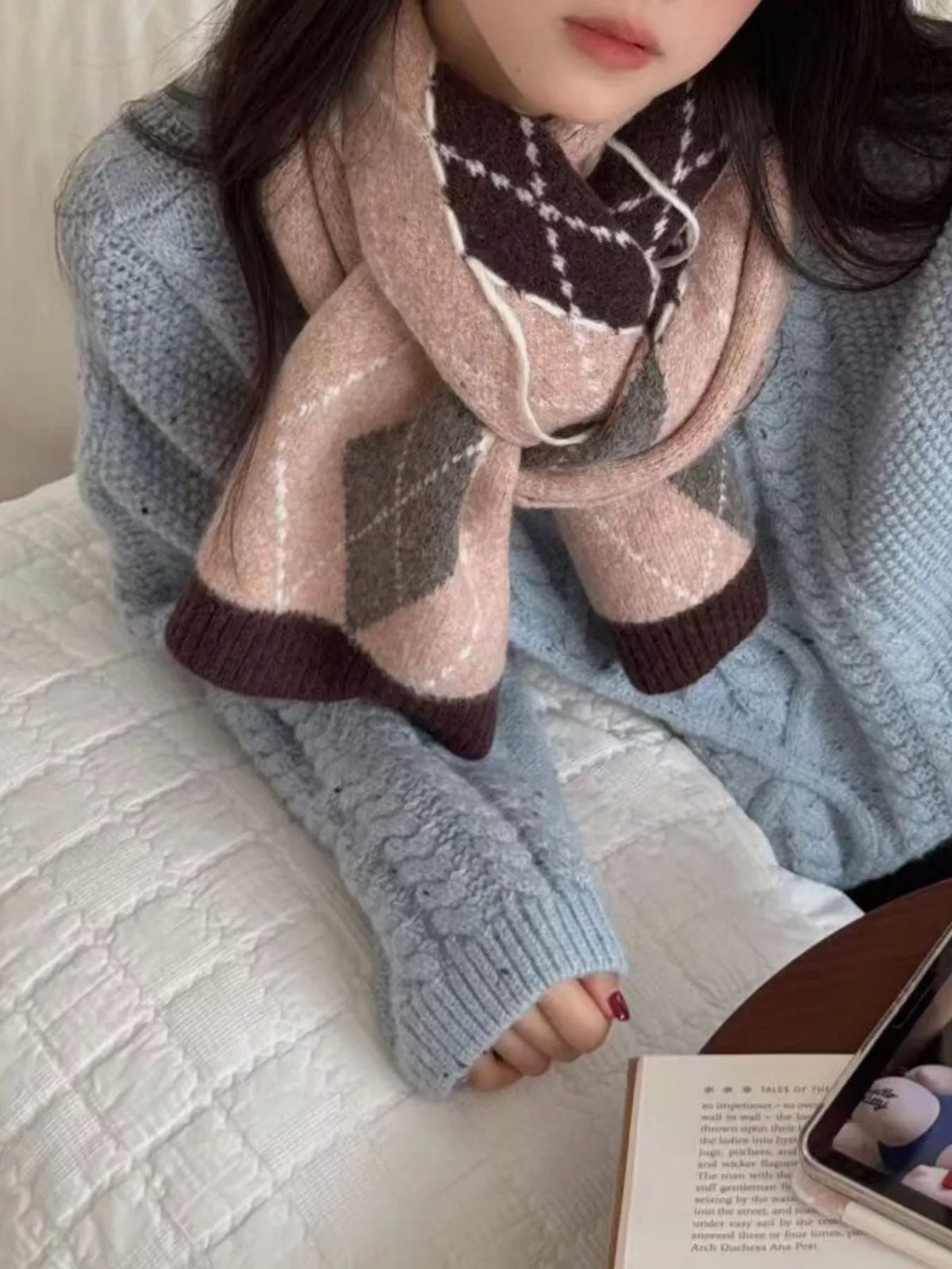 Unisex Classic Argyle Knitted Winter Scarf — pink diamond scarf styled over a gray sweater