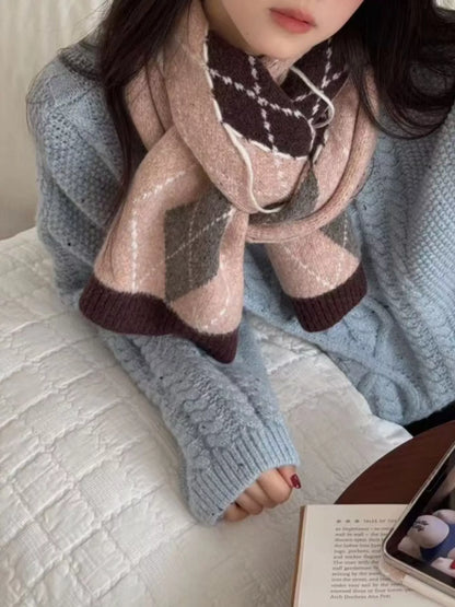 Unisex Classic Argyle Knitted Winter Scarf — pink diamond scarf styled over a gray sweater