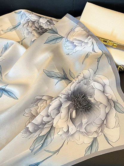 Unisex Floral Print Silk Square Scarf — light scarf with gray flowers and pale blue leaves
