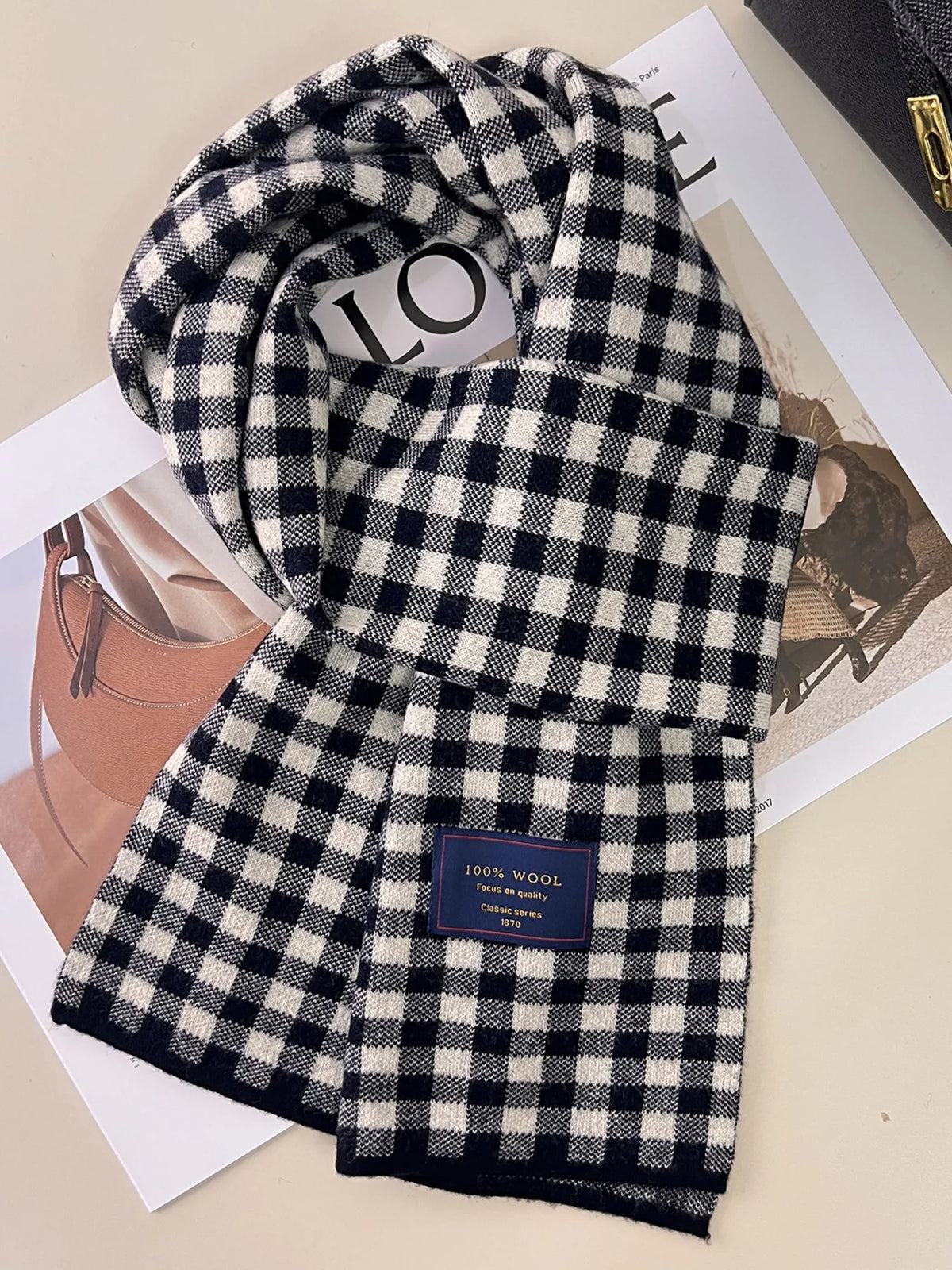 Unisex 100% Wool Plaid Scarf — black and cream check scarf with visible corner label