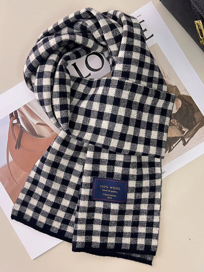 Unisex 100% Wool Plaid Scarf — black and cream check scarf with visible corner label