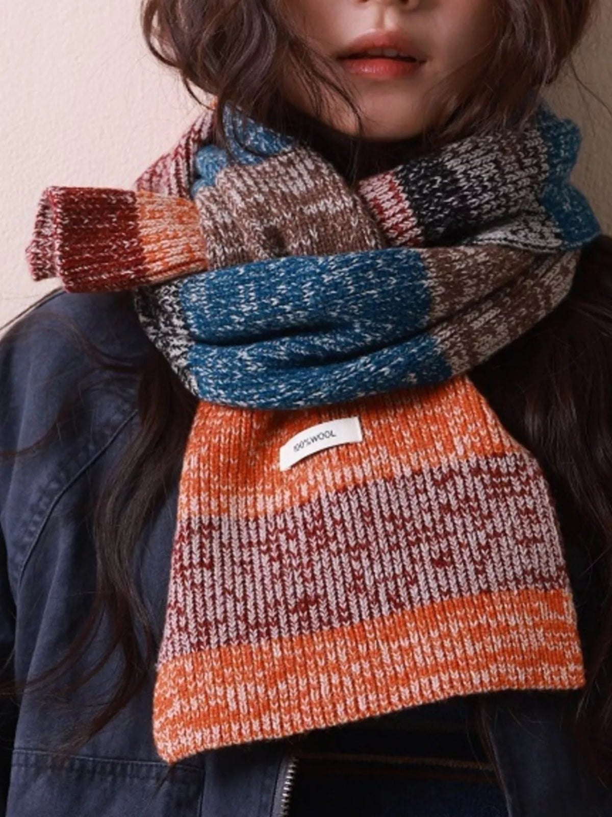 Unisex 100% Wool Color Block Knitted Scarf — close view of color block scarf and knitted ends