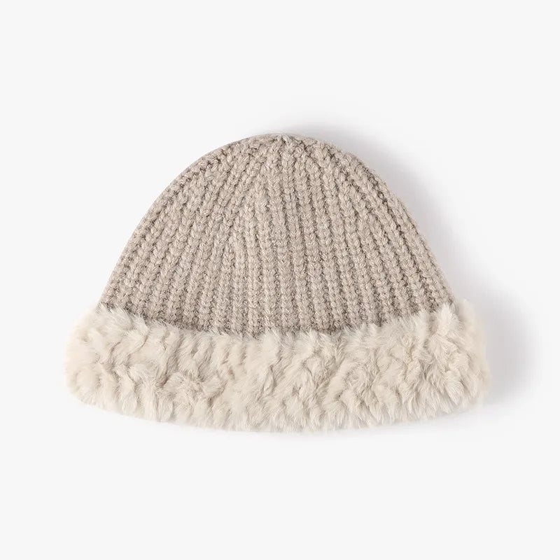 Unisex Faux Fur Trim Knit Beanie - Light Gray full product view