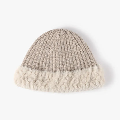 Unisex Faux Fur Trim Knit Beanie - Light Gray full product view