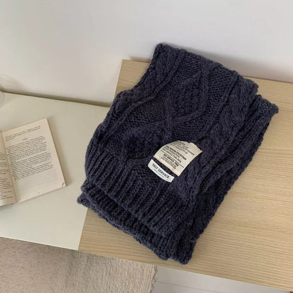 Unisex Chunky Cable Knit Scarf — dark blue cable scarf folded with ribbed border visible