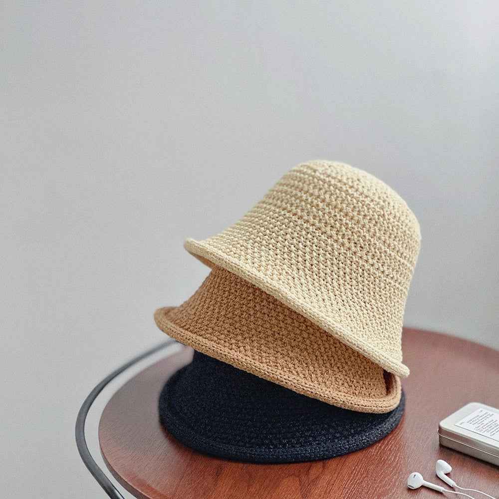 Unisex Beige Crochet Straw Bucket Sun Hat front view