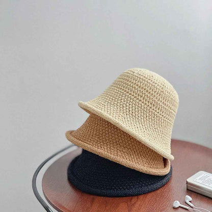 Unisex Beige Crochet Straw Bucket Sun Hat front view