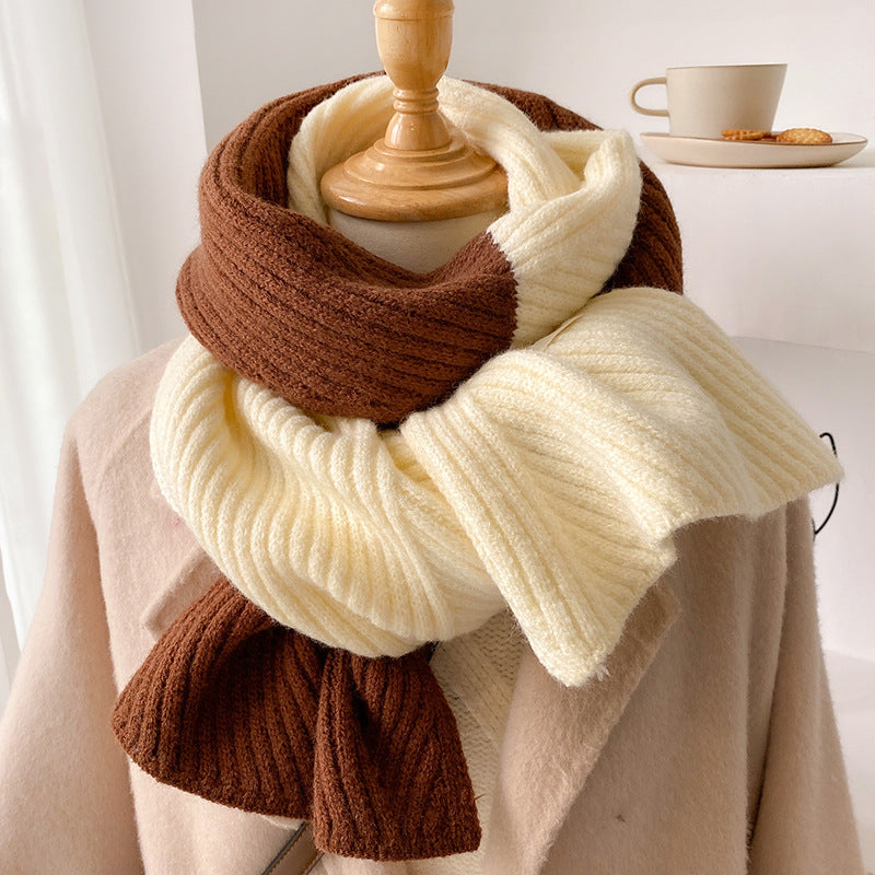 Unisex Two-Tone Ribbed Knit Winter Scarf — brown and cream scarf wrapped around a mannequin neckline