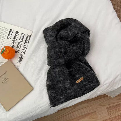 Unisex Fuzzy Contrast Knit Scarf — black fuzzy scarf with small contrast details