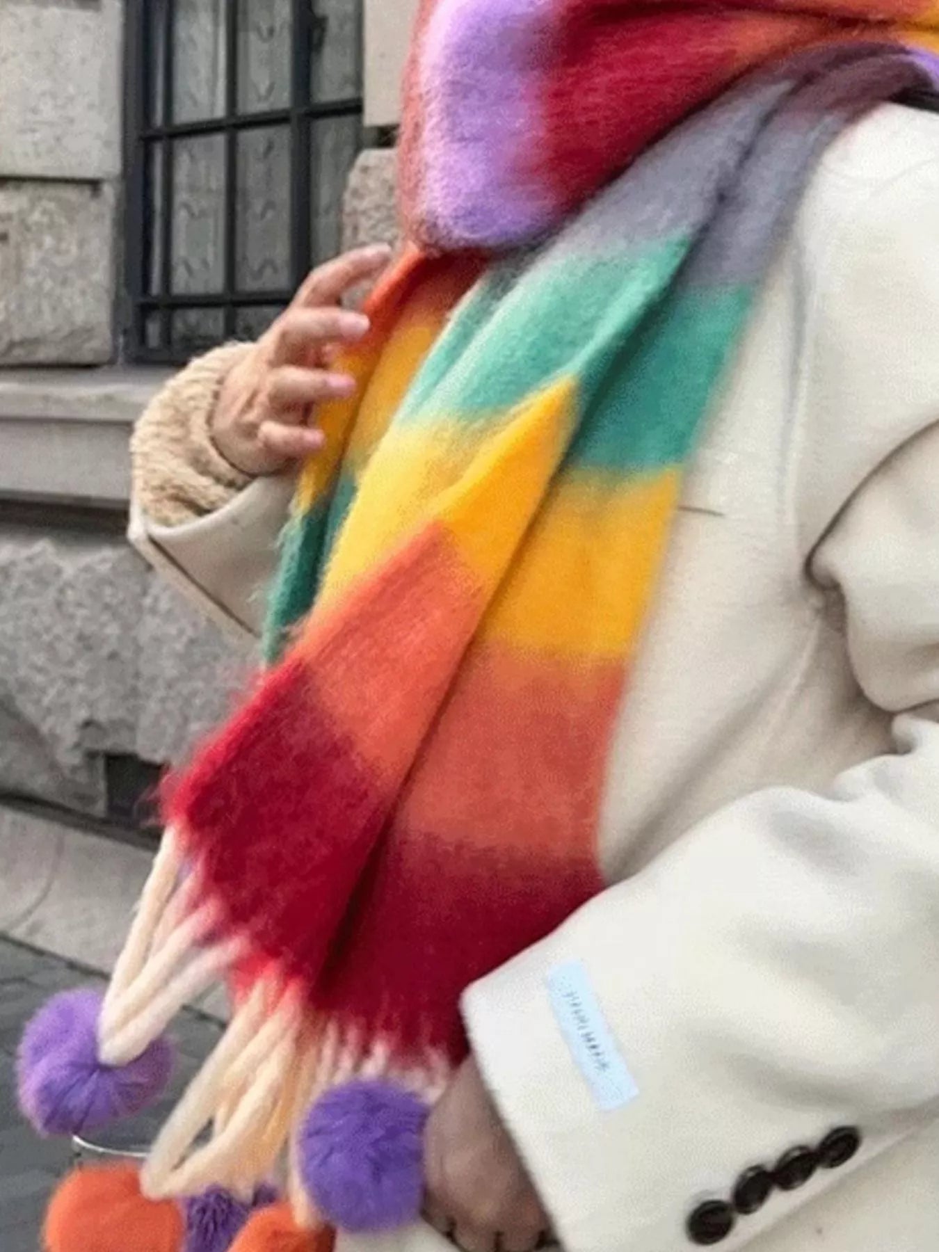 Women's Rainbow Striped Fuzzy Scarf with Pom-Poms in Style B - styled detail 2