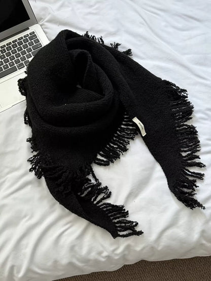 Women's Fringe Knit Triangle Wrap — black knitted wrap arranged with fine fringe visible