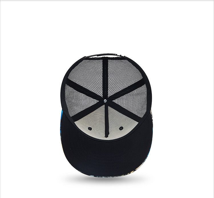 Interior view of tropical trucker cap showing mesh panels and seams