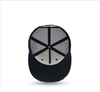Interior view of tropical trucker cap showing mesh panels and seams