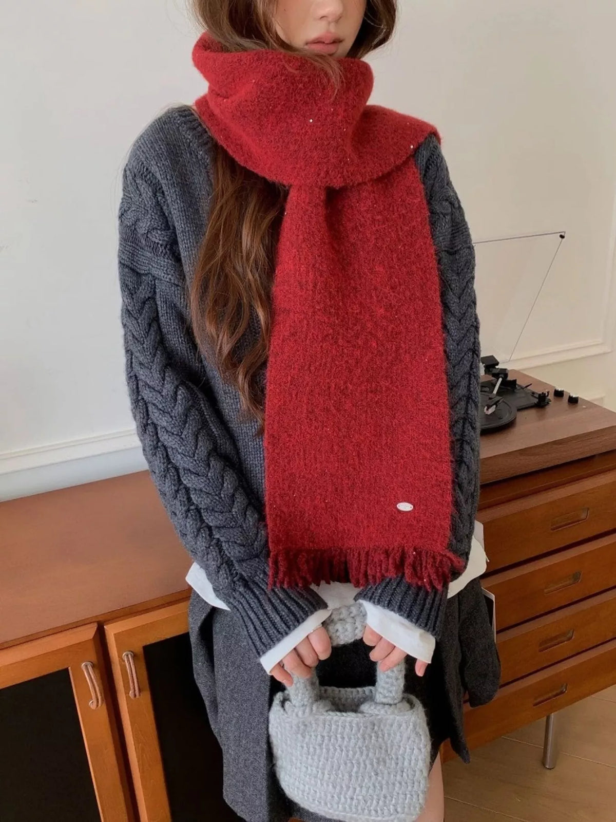 Unisex Fringe Hem Knitted Scarf — red scarf worn long with a gray sweater