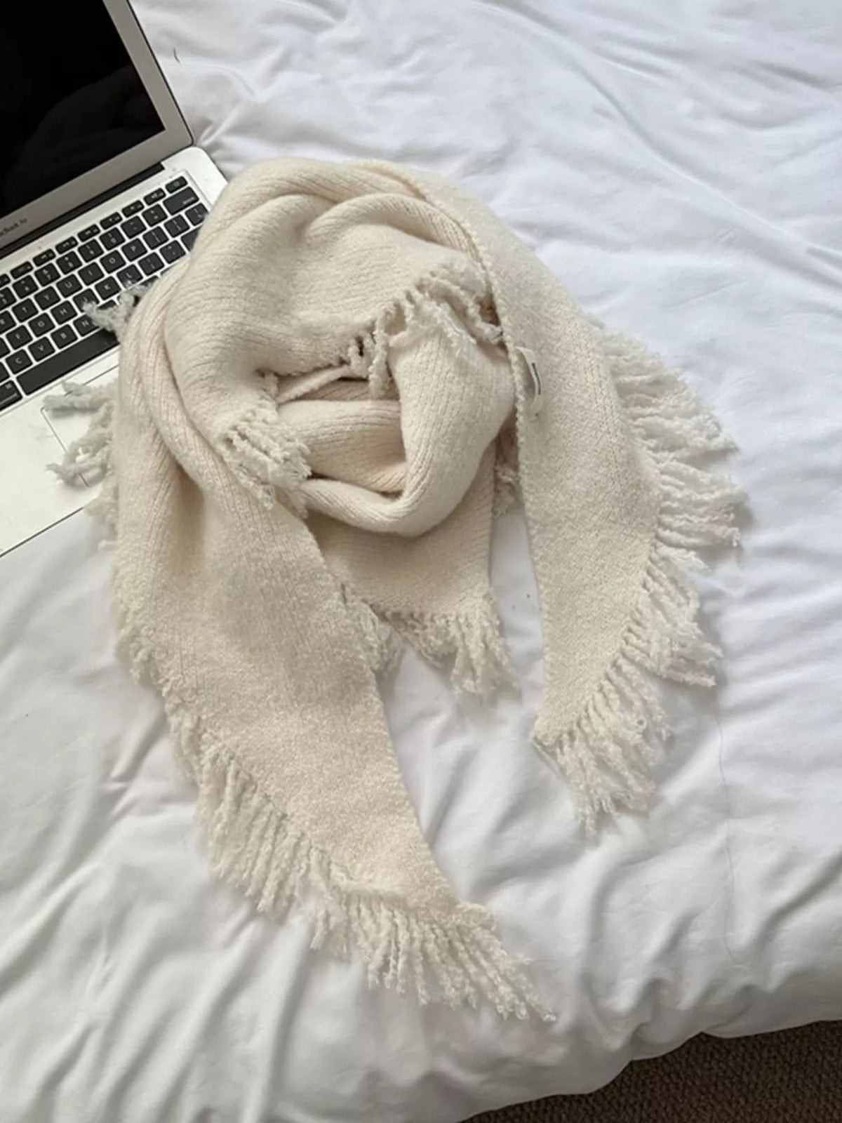 Women's Fringe Knit Triangle Wrap — off-white wrap gathered in a loose circular arrangement
