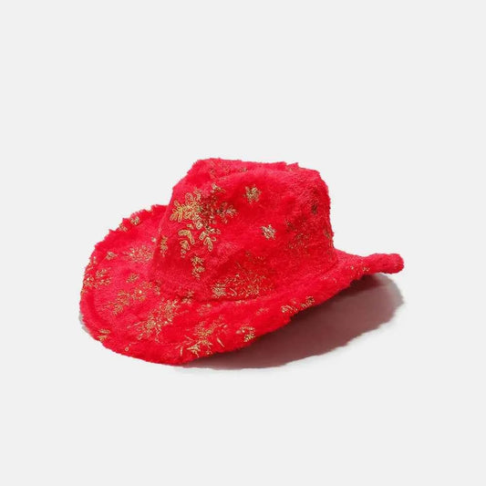Deep red fuzzy snowflake polyester winter hat