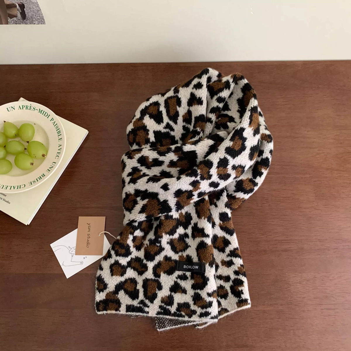 Unisex Animal Print Wool Scarf — pale and dark spotted scarf with crossed ends