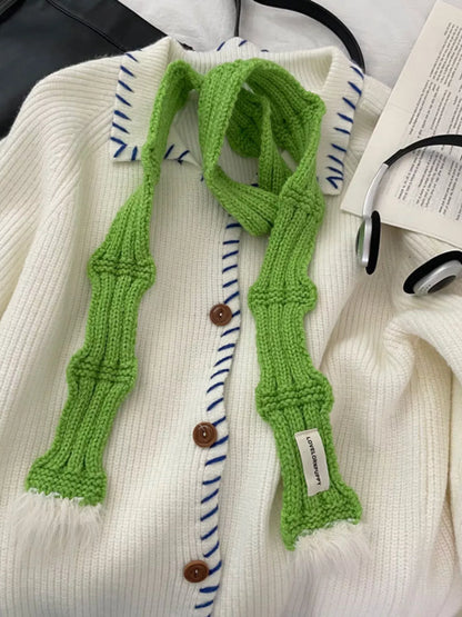 Unisex Plush-Tip Skinny Knit Scarf — green skinny scarf with contrasting fluffy-looking tips