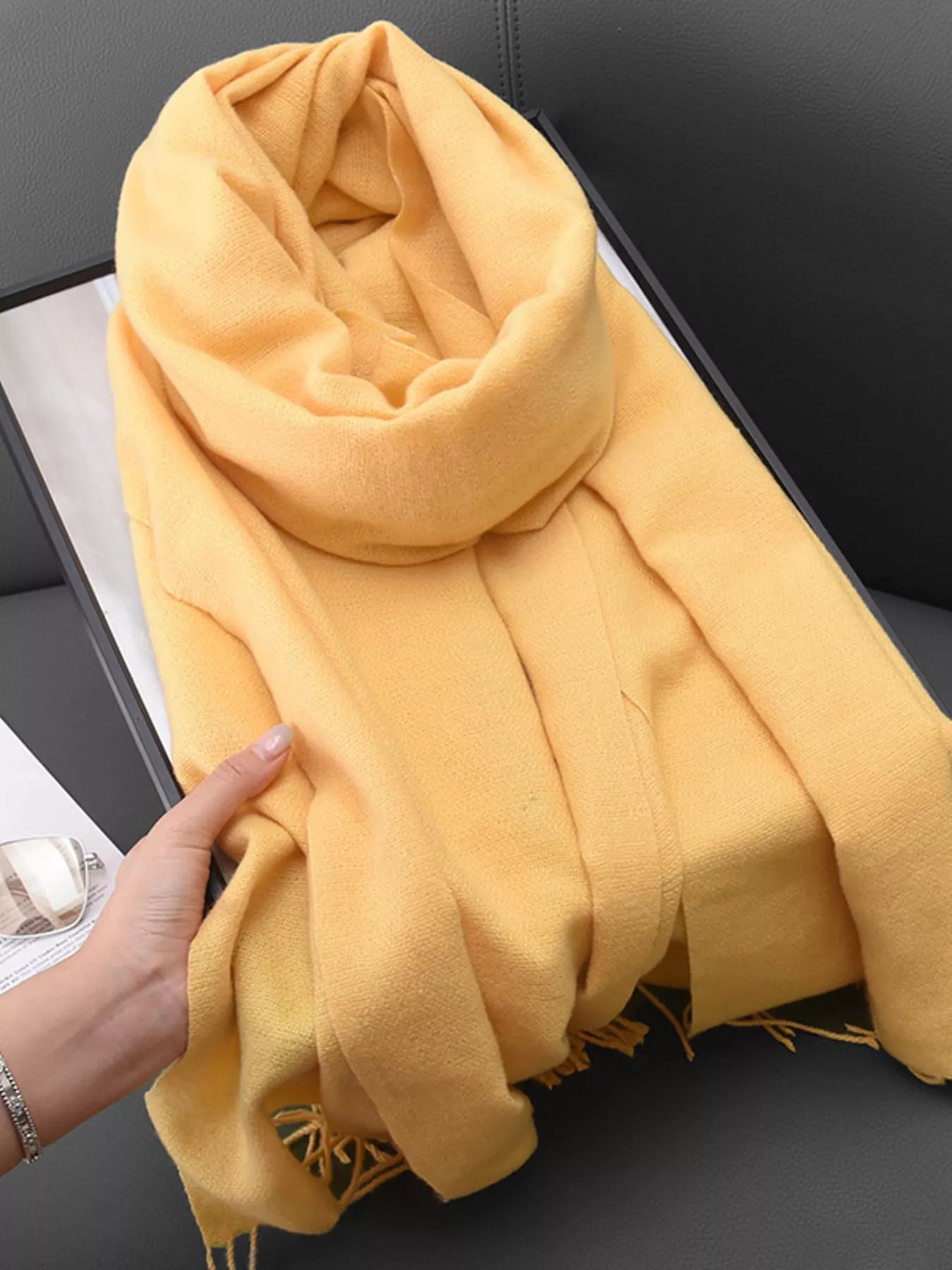 Unisex Heritage Solid Color Fringe Scarf in Yellow - draped view 4