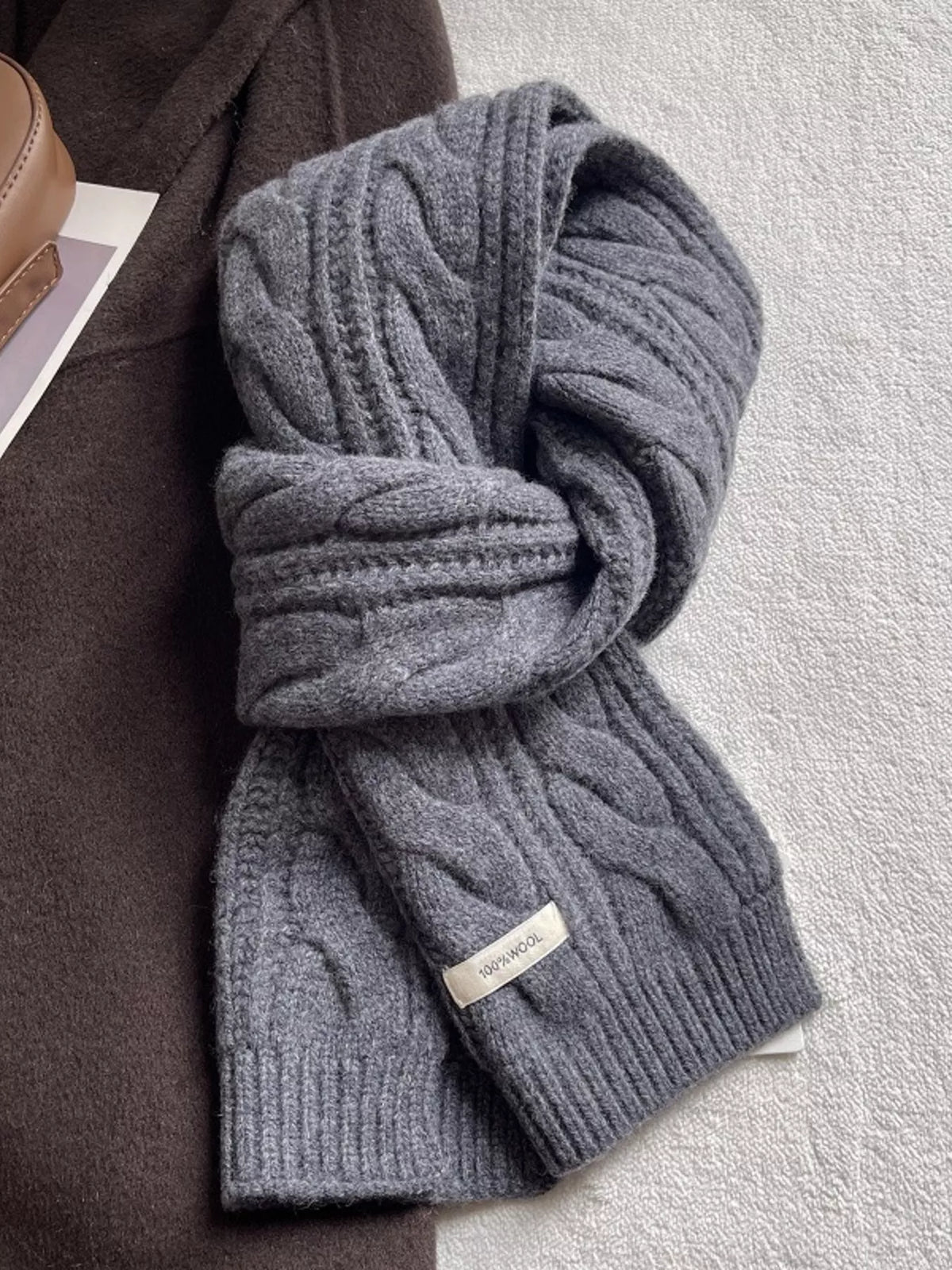 Unisex Wool Cable Knit Winter Scarf — gray cable knit scarf and small pale label