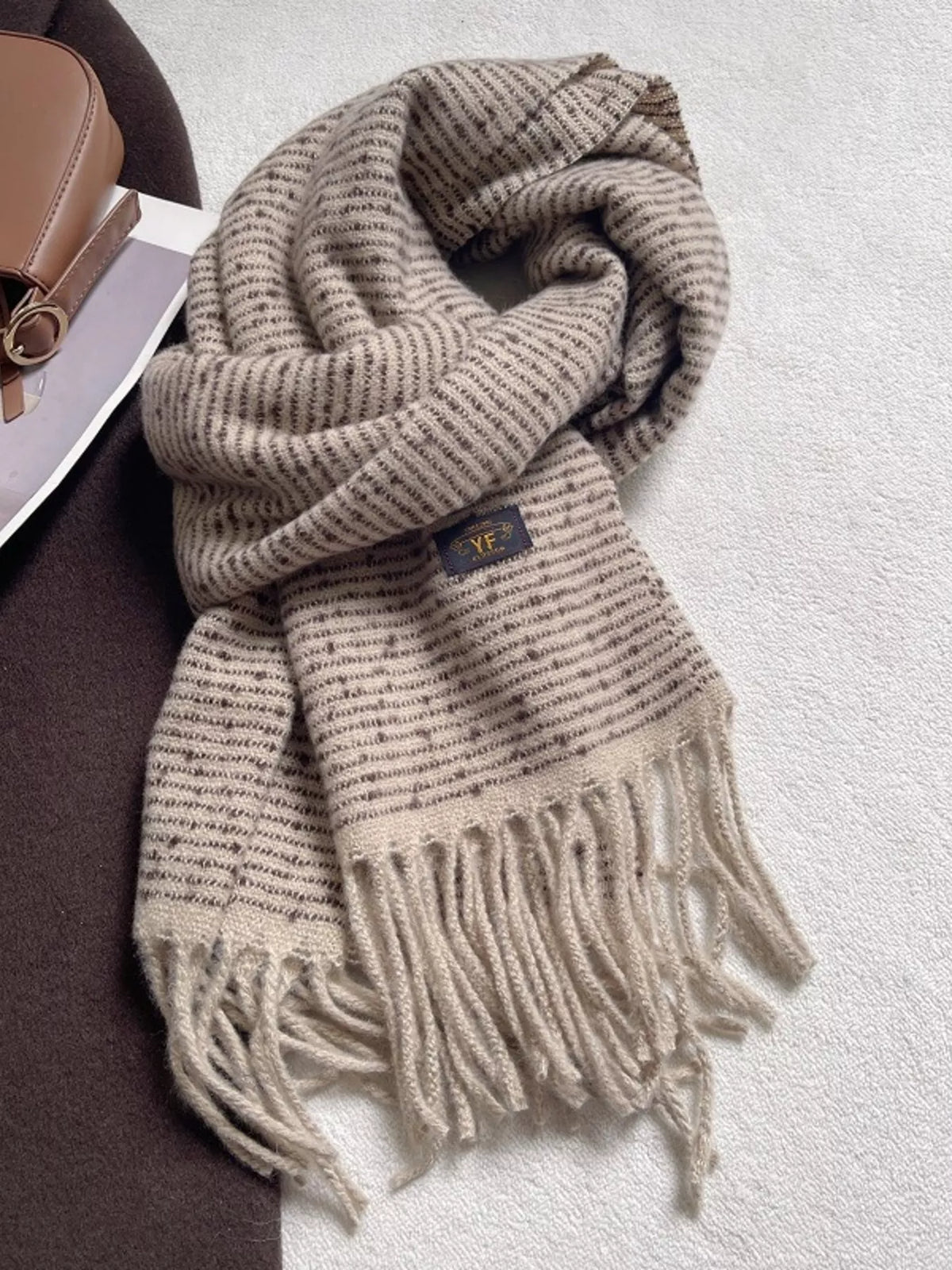 Unisex Warm Striped Tassel Scarf — off-white fine stripe scarf with pale fringe