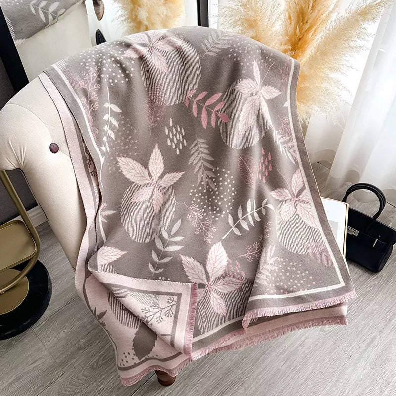 Unisex Cozy Printed Raw Hem Scarf in Gray - draped view 4