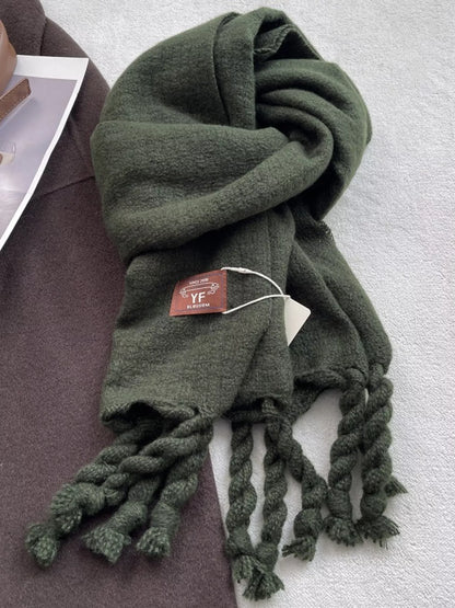 Unisex Knitted Tassel Scarf — forest green knitted tassel scarf tied flat
